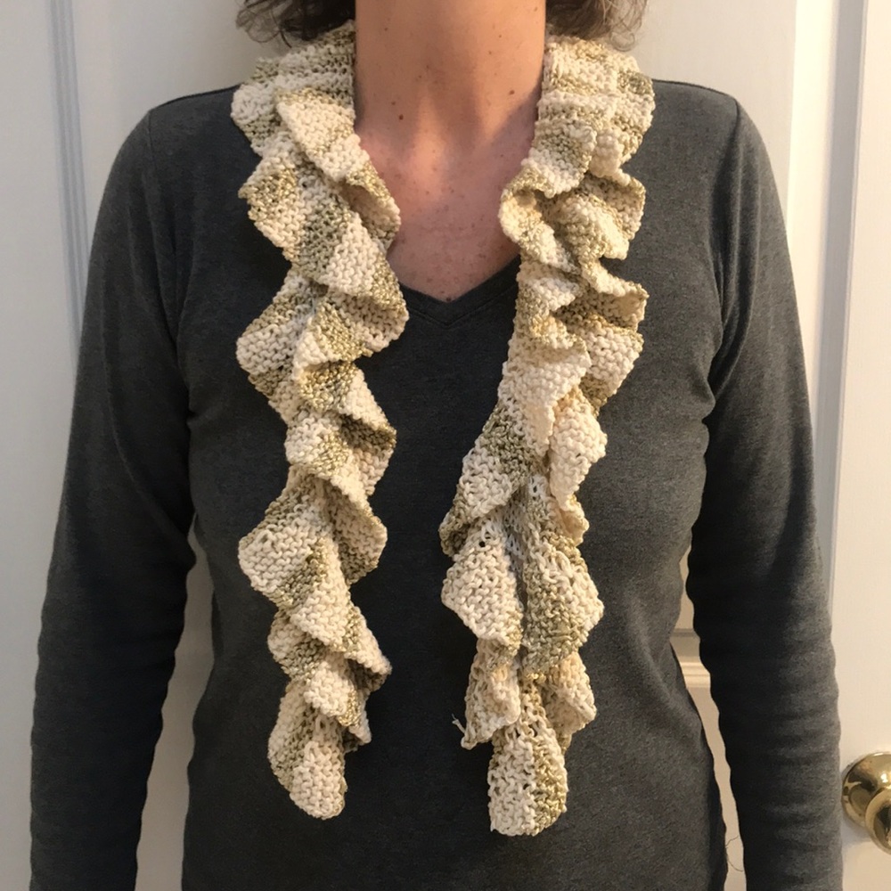 Ruffled Off-White and Gold Scarf
